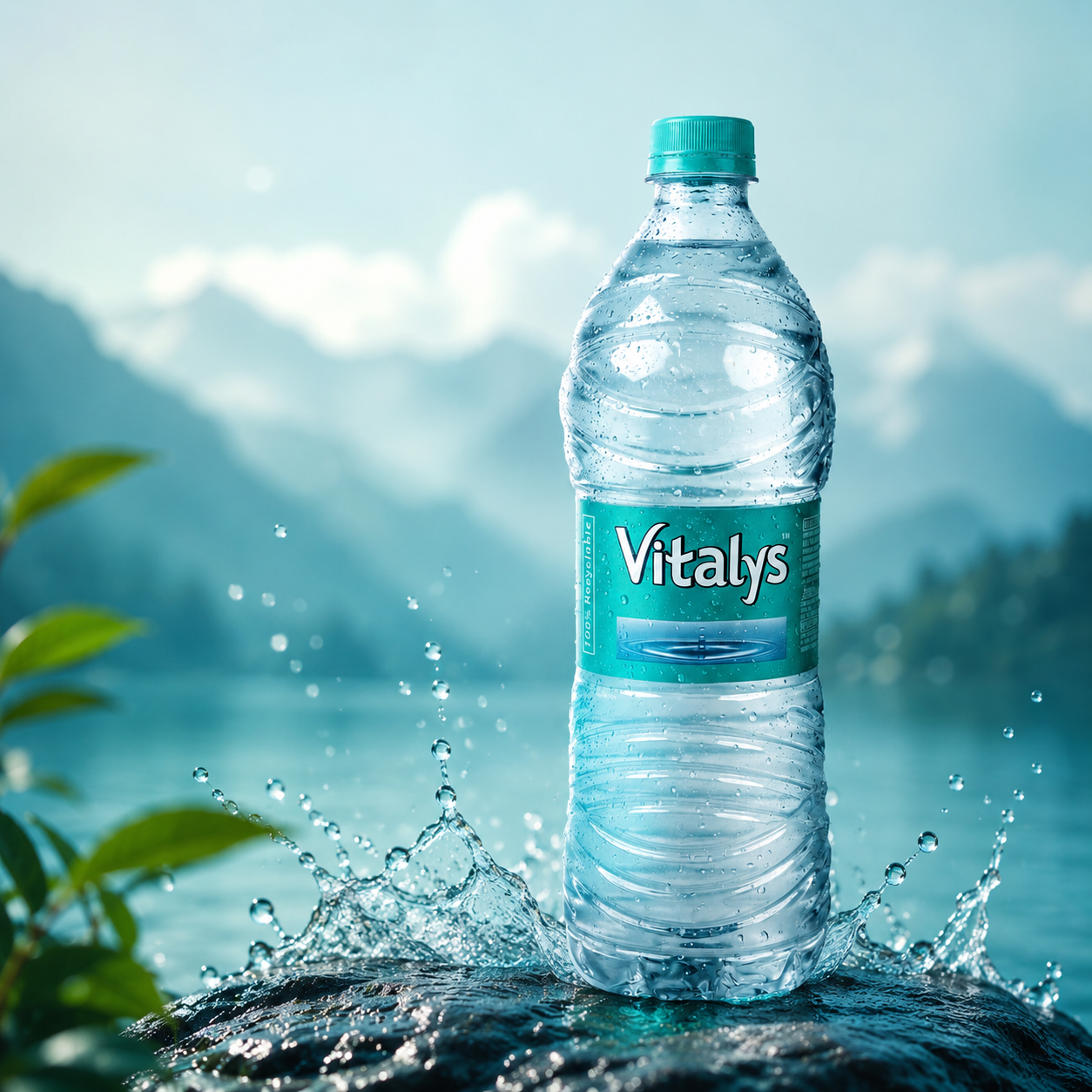 A bottle of Vitalys natural mineral water beside a misty mountain lake, with a fresh water splash