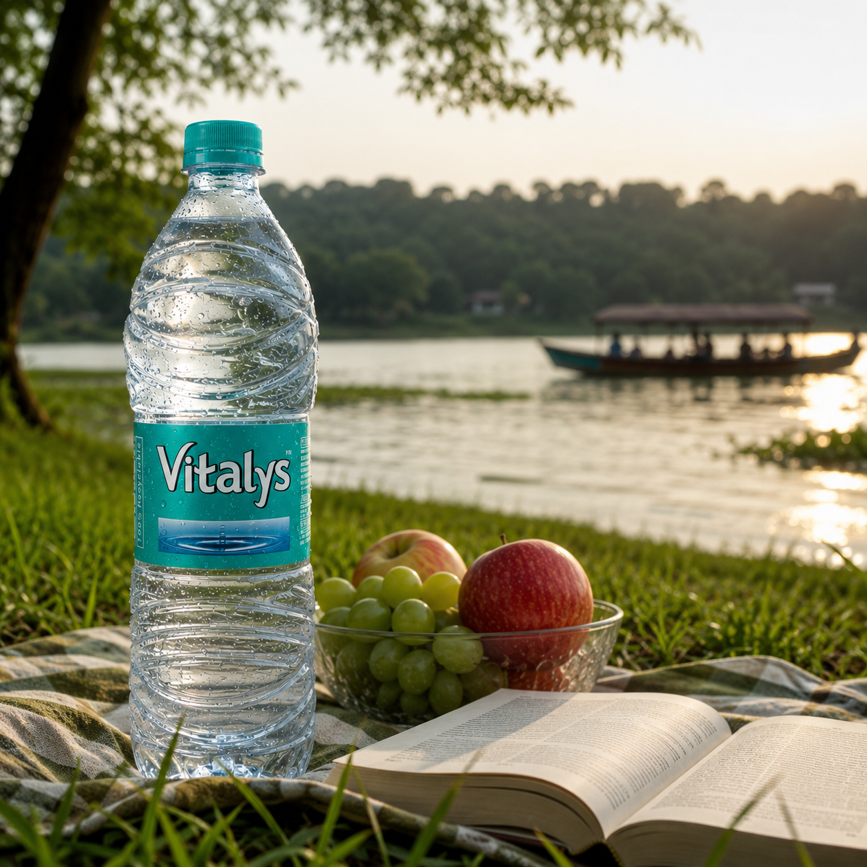 Vitalys bottle at a lakeside picnic with fresh fruit and a book